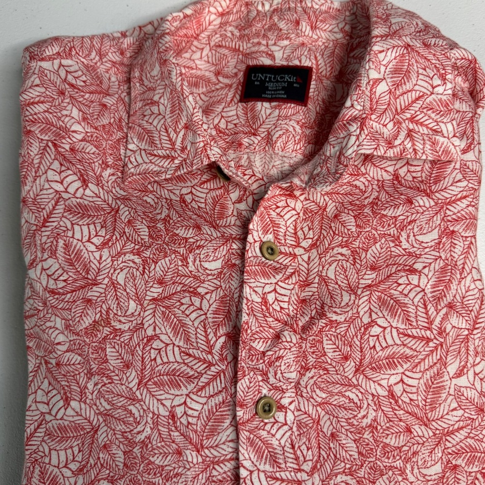 UNTUCKit Shirt 100% Linen Leaf Print Slim Fit Terlan Short Sleeve Red White